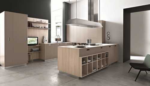 Островная вытяжка на потолок в интерьере кухни